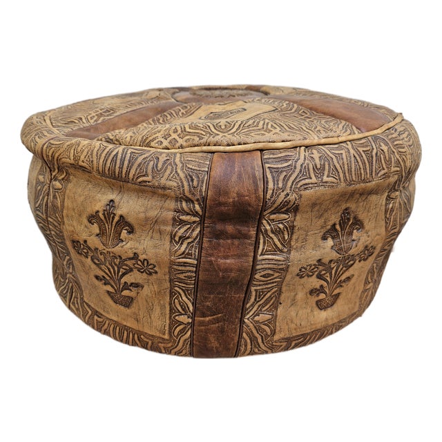Vintage Leather Moroccan Style Pouf Ottoman Footstool For Sale
