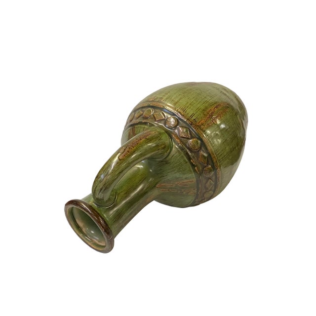 2010s Brown Olive Green Ceramic Geometric Pattern Jar Shape Vase For Sale - Image 5 of 6