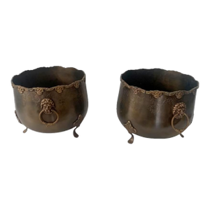Vintage Brass Planters With Lion Head and Feet - Set of 2