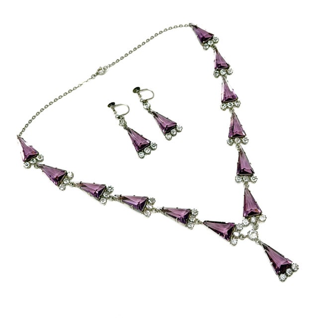 Silver Art Deco Silver, Purple Triangular Glass and Paste Necklace and Earrings, 1920s, Set of 2 For Sale - Image 8 of 17