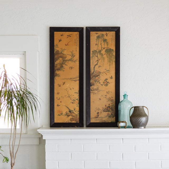 This pair of framed chinoiserie screen-like prints on paper depicts birds, flowering plants, willow trees, chickens,...