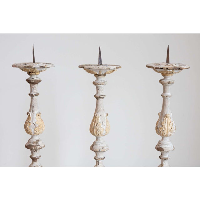 French Early 18th Century Rococo Gray and Cream Painted Candlesticks, Sold Each For Sale - Image 4 of 6