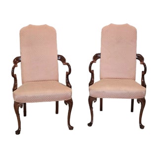 Mid 20th Century Pair of Southwood Mahogany Gooseneck Armchairs Silk Diamond Pattern Fabric For Sale
