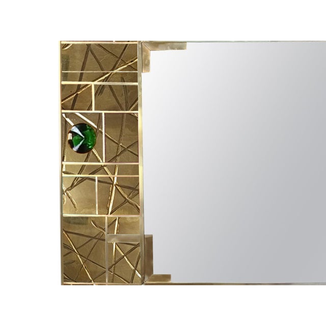 Contemporary Striped Brass Wall Mirror with 6 Green Murano Glass Jewels from Justfurnituress SRL For Sale - Image 3 of 5
