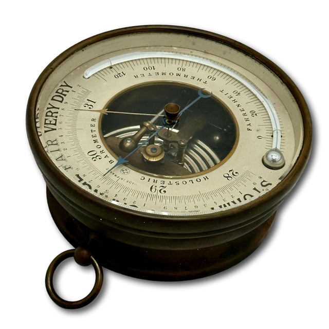Traditional Fine Antique Brass Ships Holosteric Barometer & Thermometer by Pertius,Hulot,Bourgeois & Naudet Paris France For Sale - Image 3 of 18