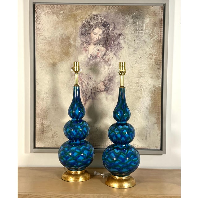 Vintage Blue Glazed Ceramic Table Lamps - A Pair For Sale - Image 10 of 12