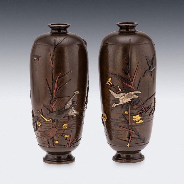 Antique Japanese Meiji Inlaid Bronze Ovoid Vases by Miyabe, 19th Century, Set of 2 For Sale - Image 3 of 18