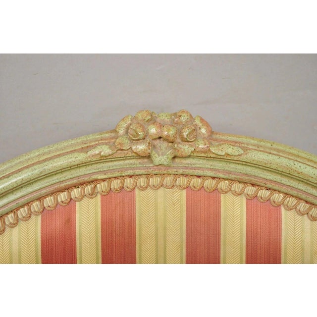 Vintage French Louis XV Style Green & Pink Painted Arm Chair W/ Striped Fabric For Sale - Image 12 of 12