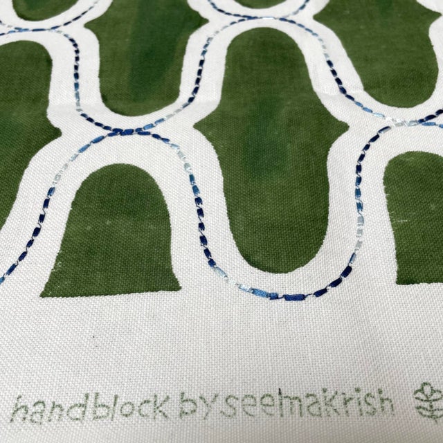 SeemaKrish- Juhu Panna Green - Embroidered - Hand Block Printed - Upholstery Fabric - 1/2 Yard For Sale - Image 4 of 4