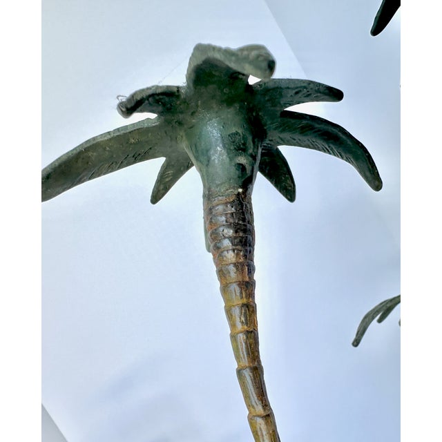 Pair Patinated Tole Metal Palm Tree 5 Arm Candlestick Holders For Sale - Image 10 of 15