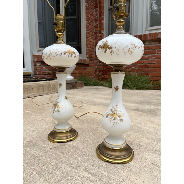 1970s Hollywood Regency Gold Leaf Painted Porcelain Table Buffet Lamps- A Pair For Sale - Image 5 of 12