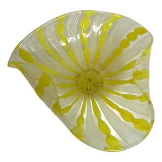 1950s Murano Hand Blown Art Glass Bowl Yellow Latticino Filigrana Dish For Sale