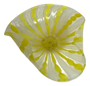 1950s Murano Hand Blown Art Glass Bowl Yellow Latticino Filigrana Dish
