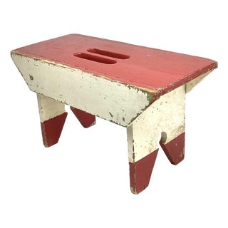 Antique Primitive Painted Small Wooden Step Stool Footstool Red and White Paint For Sale
