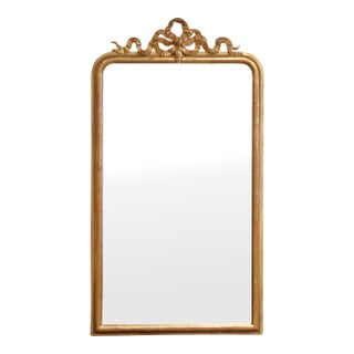 19th Century French Louis XVI Carved Giltwood Mirror With Ribbon Bow Crest For Sale