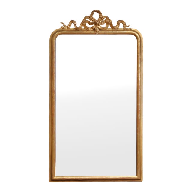 19th Century French Louis XVI Carved Giltwood Mirror With Ribbon Bow Crest For Sale