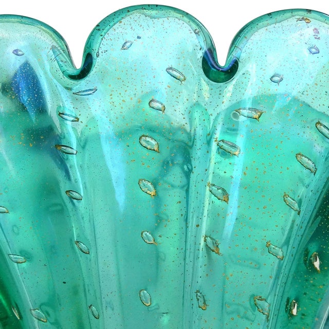 Green Vintage Murano Green Iridescent Gold Flecks Bubbles Italian Art Glass Fan Shape Scalloped Rim Flower Vase For Sale - Image 8 of 12