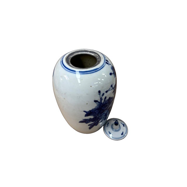 Oriental Flowers Graphic Blue White Point Lid Oval Porcelain Jar For Sale - Image 4 of 8