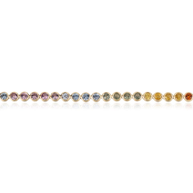 6.02ct Round Cut Multi Sapphire Bezel-Set Tennis Bracelet in 14k Yellow Gold For Sale - Image 4 of 14