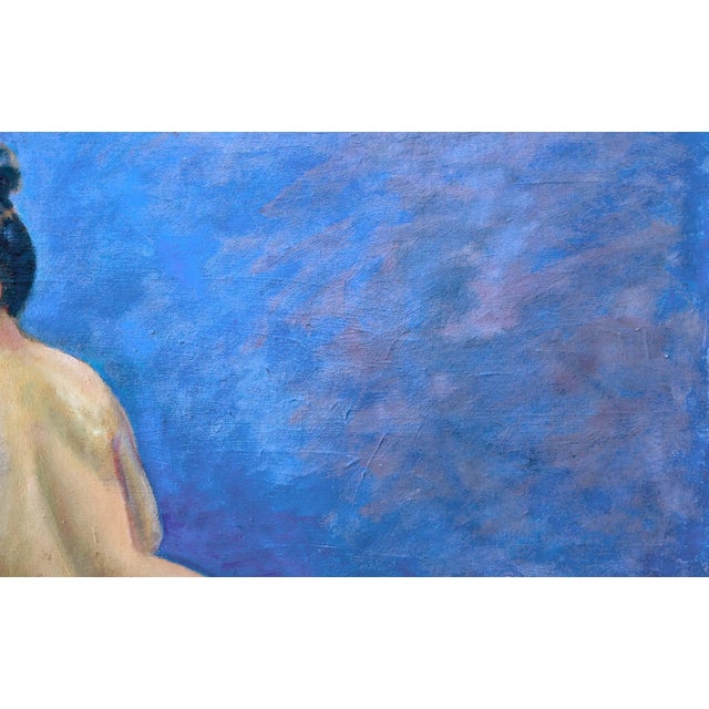 1950s Mid Century Nude Study, Reclining Figure on Blue Original Oil by Jon Blanchette For Sale - Image 5 of 6