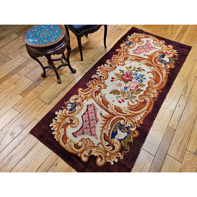 Vintage French Savonnerie Rug, Hand-Knotted Wool, Floral Pattern, Chocolate Brown & Ivory, 3’ X 7' For Sale - Image 4 of 12