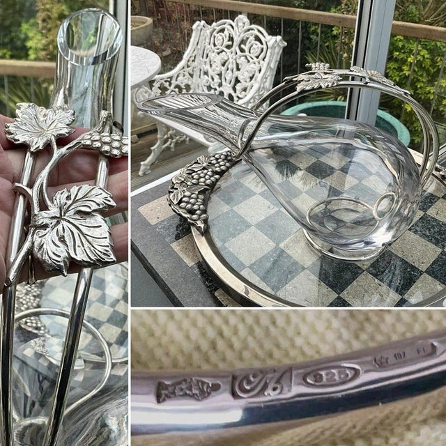 A highly unusual and beautifully executed Italian sterling silver and hand-blown crystal duck carafe, attributed to Macini...