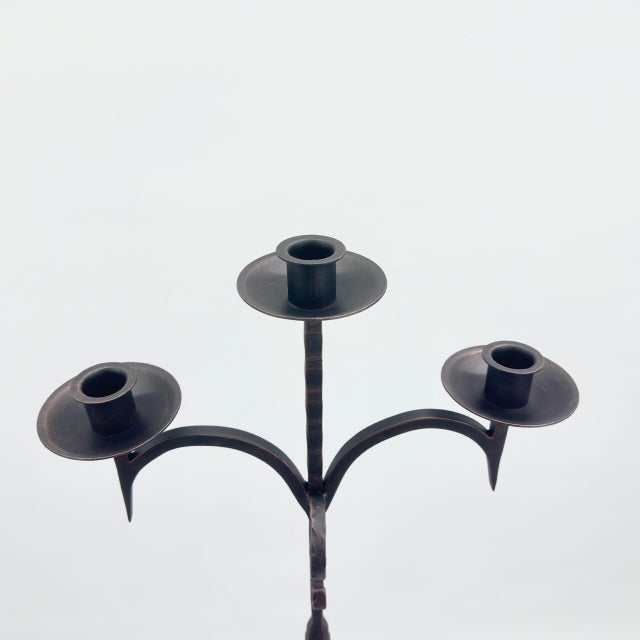 2020s Hand Forged Iron Floor Candelabra 52″ (133cm) Antique Copper Patina 3-Arm Classic Plate Candle Holder Tall Rustic Decor For Sale - Image 5 of 7