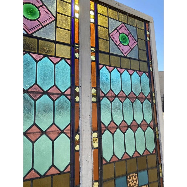 Late 19th Century Antique Victorian Double Stained Glass Window Pink Blue Green Jeweled For Sale - Image 5 of 12