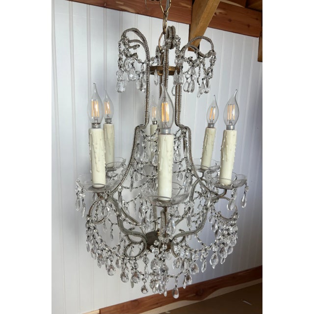 Mid 20th Century Vintage Macaroni Beaded Arm Crystal Birdcage Chandelier For Sale - Image 5 of 7