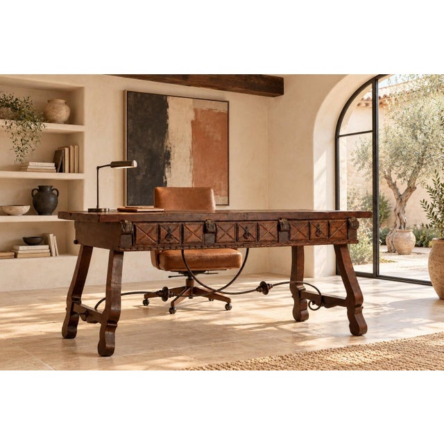 Metal Renaissance Spanish Elm and Wrough Iron Desk, 1960 For Sale - Image 7 of 8