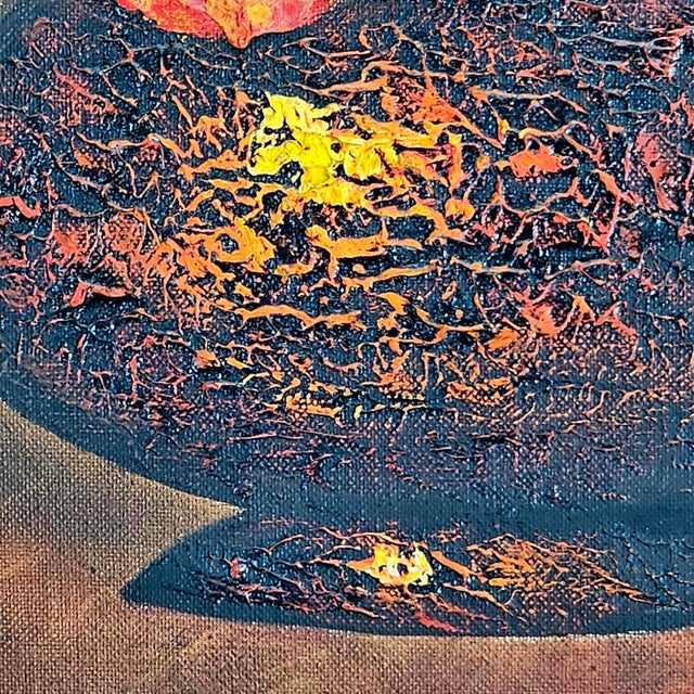 This red flower oil on board painting, enclosed in an wood frame, exudes an impressionist aesthetic. Its intricate details...