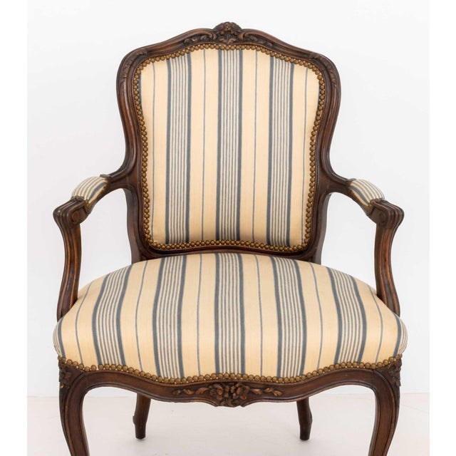 Pair of Louis XV Style Walnut Striped Linen Upholstered Fauteuils For Sale In New York - Image 6 of 9