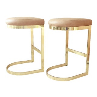 Milo Baughman Brass Cantilever Barstools - A Pair For Sale