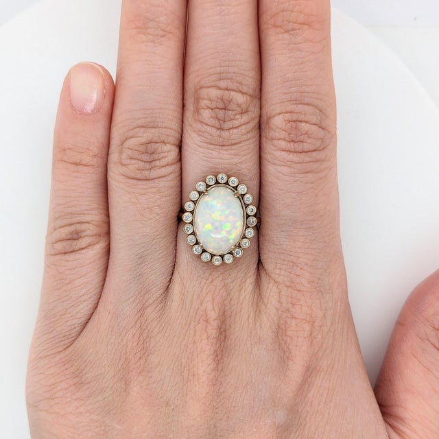 Contemporary 5ct Stunning Opal Ring w Natural Diamond Accents in 14k Yellow Gold OV 14x10mm For Sale - Image 3 of 5