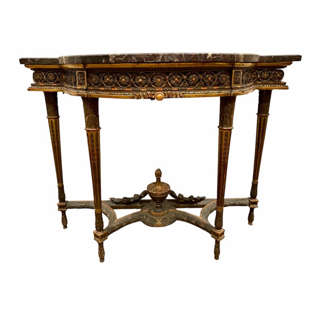 Antique French Louis XVI carved wood and marble demi-lune console table, late 18th century (1754-1793). The apron...