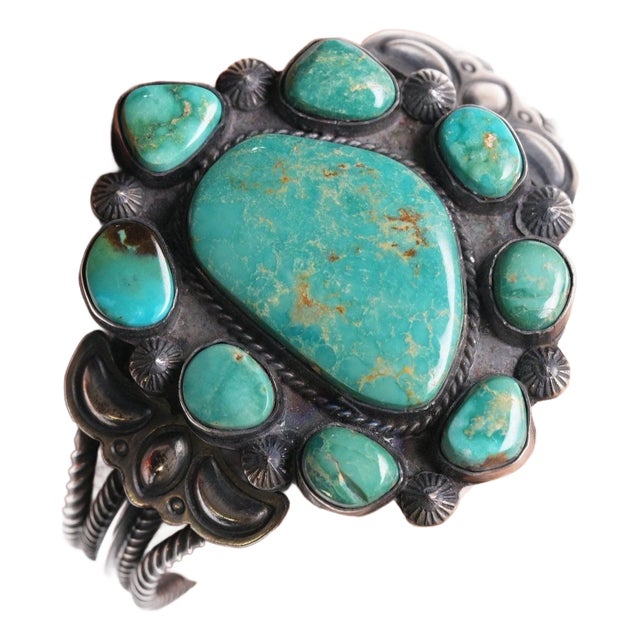 6.75" Jefftey Mutte Navajo sterling and turquoise cluster cuff bracelet For Sale
