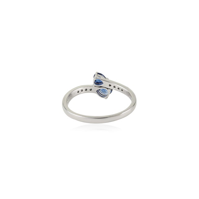 Metal Two Stone Pear Cut Sapphire & Diamond Bypass Ring in 14k Solid Gold Size 7 For Sale - Image 7 of 16