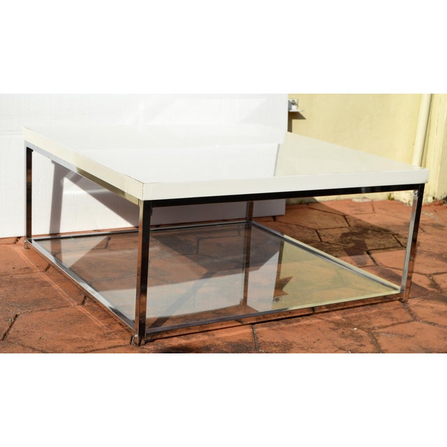 Metal Modern White Glossy Top Chrome Coffee Table With Tempered Glass Bottom Shelf For Sale - Image 7 of 18