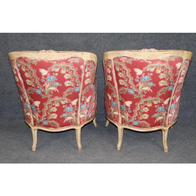 Wood Gorgeous Pair of Paint Decorated Upholstered French Large Bergere Chairs For Sale - Image 7 of 13