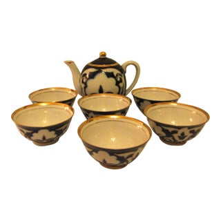 1940s Pahkta Porcelain Asian Cloud Floral 7 Piece Tea Set With Cups and Pitcher For Sale