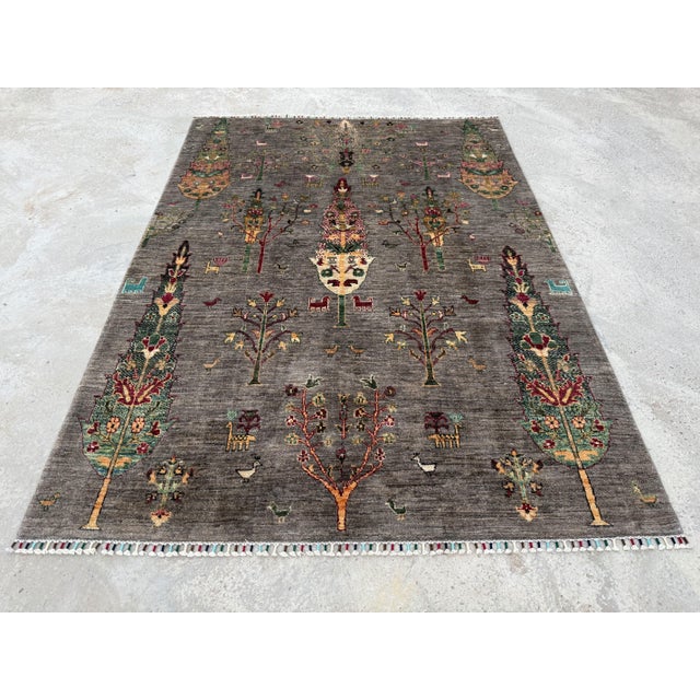 Cypress Tree Area Rug, Hand-Knotted Wool, Pictorial, 6x8, Charcoal & Rose For Sale - Image 4 of 10