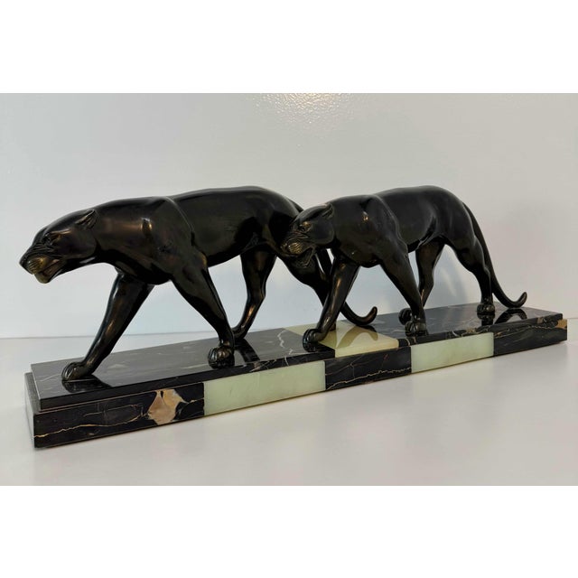 Maurice Font, French Art Deco Sculpture of Panthers, 1930s, Metal on Marble Base For Sale - Image 10 of 12