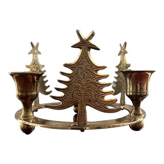 1960s Solid Brass Christmas Tree Candle Holder For Sale