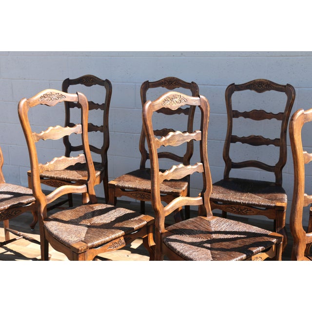 Brown Vintage 1950s Italian Provincial Carved Wood Dining Chairs With Rush Seats – Set of 12 For Sale - Image 8 of 18