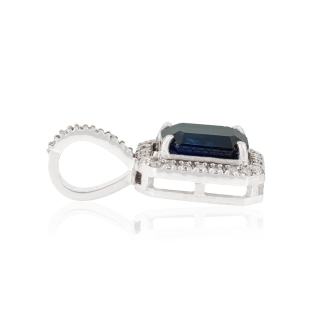 Metal Art Deco 1.21ct Blue Sapphire & Diamond Halo Pendant in 14k White Gold For Sale - Image 7 of 14