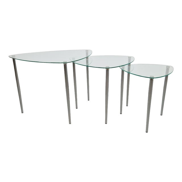 Triangular Nesting Tables in Glass and Metal, 1970s, Set of 3 For Sale