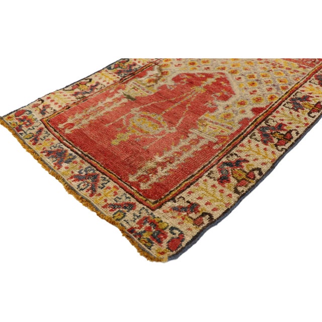 Distressed Vintage Turkish Yastik Oushak Rug, Turkish Prayer Rug 01'11 x 02'10. From casual elegance to fresh and formal,...