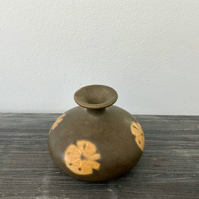 Mid Century Studio Pottery Weed Pot Vase with Four Flowers, 3.5” Mid century studio pottery weed pot with skinny neck and...