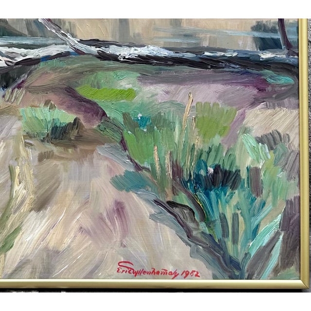 Vintage impressionist oil painting showing a river bank in muted tones with a tree branch extending out to the water. Bold...