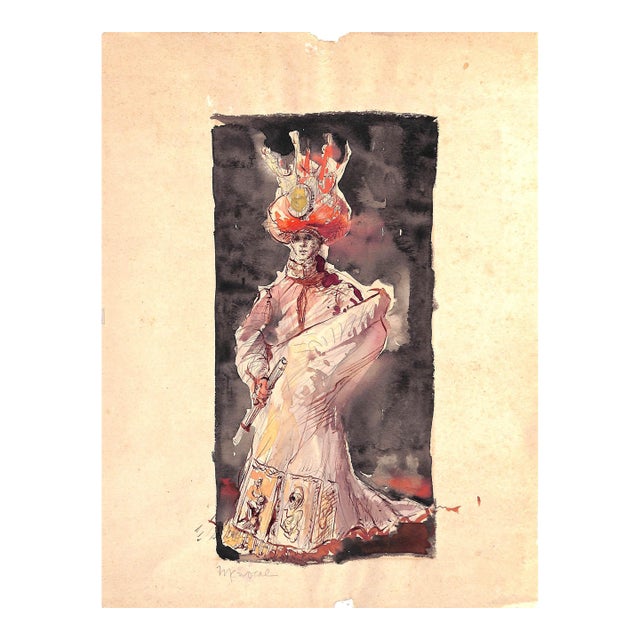 Mid 20th Century Richard De Menocal Vogue Watercolour of Turban Clad Theatrical Lady For Sale